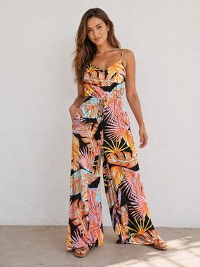 Maaji Tropical Print Wide Leg Jumpsuit Size S Colorful Palm Print